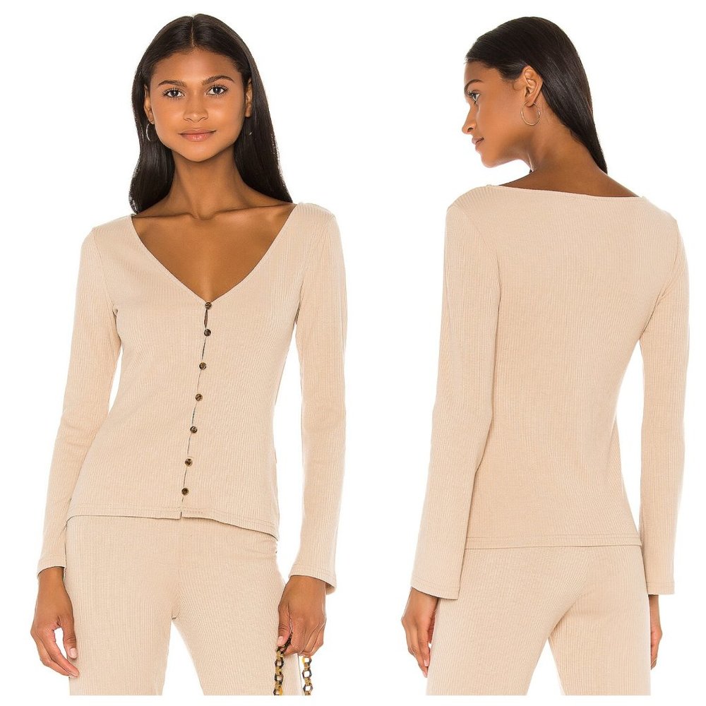 Revolve LPA Juliana Beige Ribbed Knit Button Down V Neck Cardigan Sweater